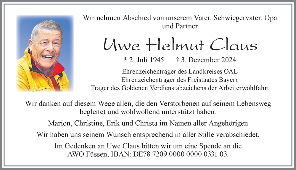  Traueranzeige für Uwe  Claus vom 21.12.2024 aus Allgäuer Zeitung, Füssen