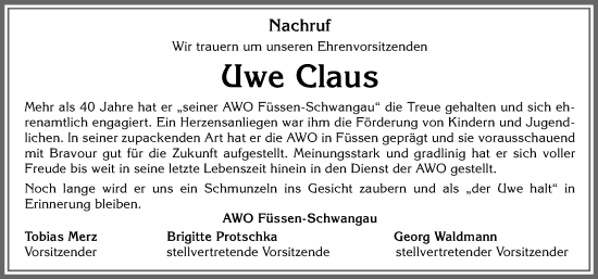 Traueranzeige von Uwe Claus von Allgäuer Zeitung, Füssen