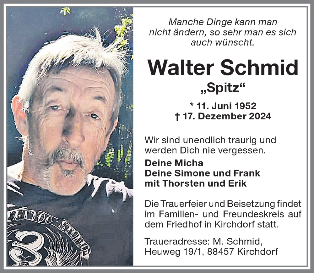  Traueranzeige für Walter Schmid vom 21.12.2024 aus Memminger Zeitung