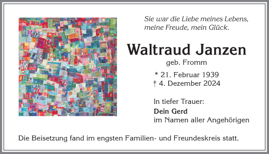 Traueranzeige von Waltraud Janzen von Allgäuer Zeitung,Kempten