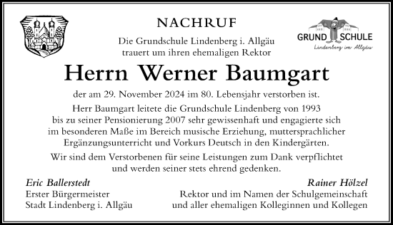 Traueranzeige von Werner Baumgart von Der Westallgäuer
