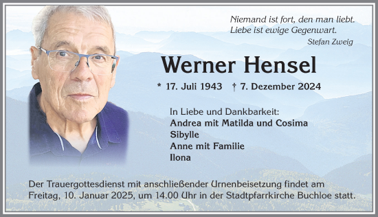Traueranzeige von Werner Hensel von Günzburger Zeitung, Augsburger Allgemeine