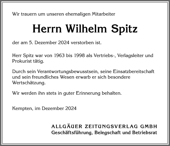 Traueranzeige von Udo Wilhelm Spitz von Allgäuer Zeitung,Kempten
