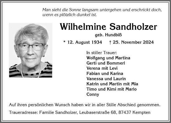 Traueranzeige von Wilhelmine Sandholzer von Allgäuer Zeitung,Kempten