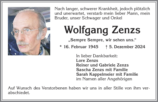 Traueranzeige von Wolfgang Zenzs von Allgäuer Zeitung, Füssen