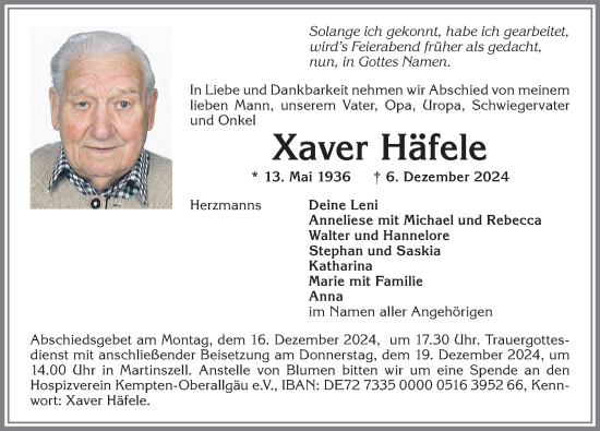 Traueranzeige von Xaver Häfele von Allgäuer Anzeigeblatt