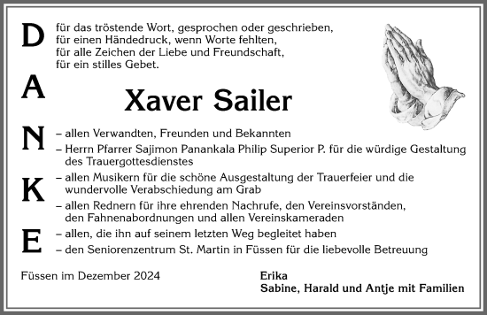 Traueranzeige von Xaver Sailer von Allgäuer Zeitung, Kaufbeuren/Buchloe