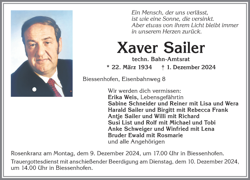  Traueranzeige für Xaver Sailer vom 07.12.2024 aus Allgäuer Zeitung, Kaufbeuren/Buchloe