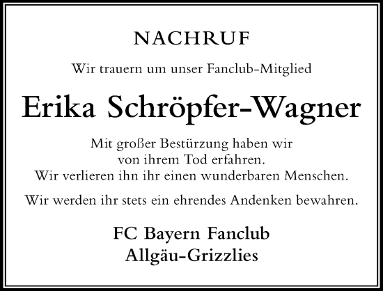 Traueranzeige von Erika Schröpfer-Wagner von Der Westallgäuer