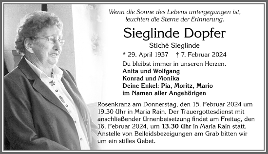 Traueranzeige von Sieglinde Dopfer von Allgäuer Zeitung,Kempten