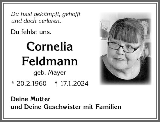 Traueranzeige von Cornelia Feldmann 