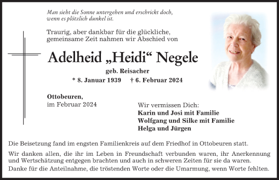 Traueranzeige von Adelheid Negele von Memminger Zeitung