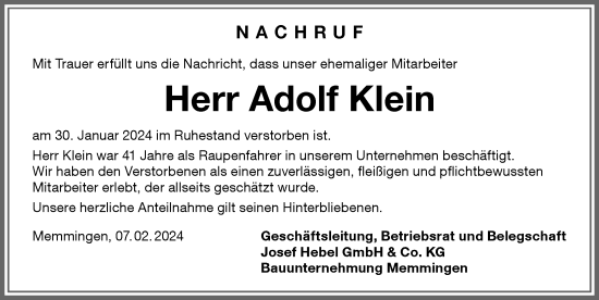 Traueranzeige von Adolf Klein von Memminger Zeitung