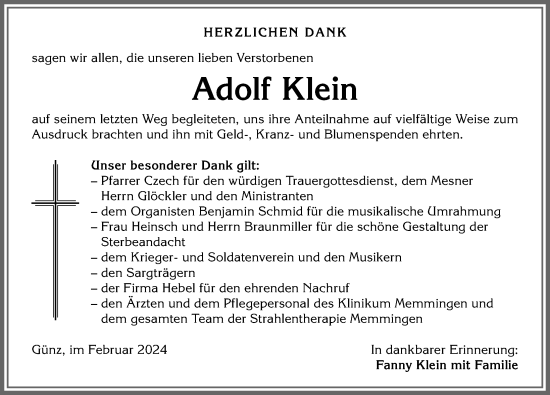 Traueranzeige von Adolf Klein von Memminger Zeitung