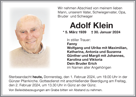 Traueranzeige von Adolf Klein von Memminger Zeitung