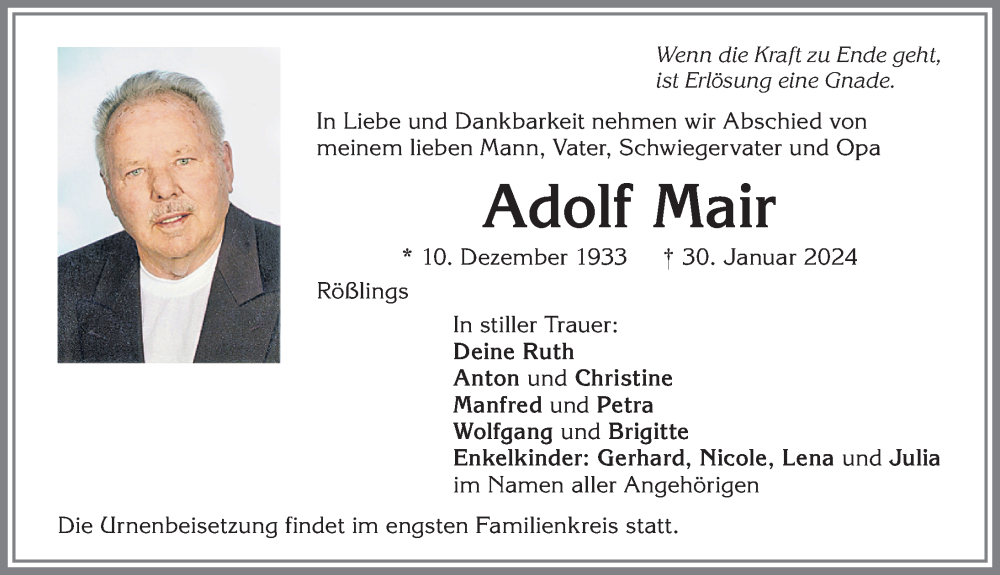  Traueranzeige für Adolf Mair vom 03.02.2024 aus Allgäuer Zeitung,Kempten