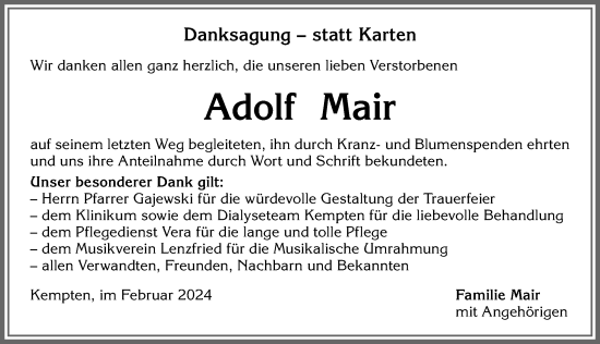 Traueranzeige von Adolf Mair von Allgäuer Zeitung,Kempten