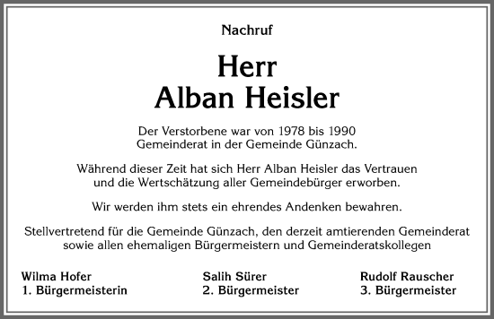 Traueranzeige von Alban Heisler von Allgäuer Zeitung, Marktoberdorf