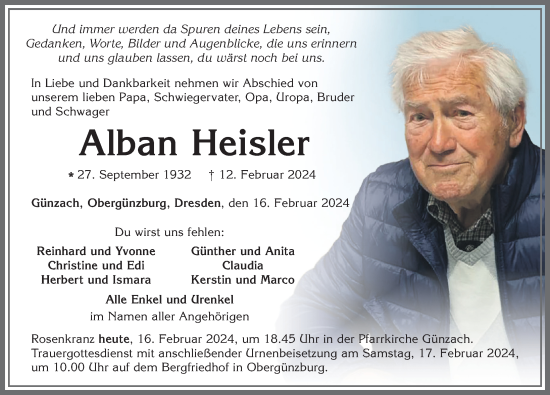 Traueranzeige von Alban Heisler von Allgäuer Zeitung, Marktoberdorf