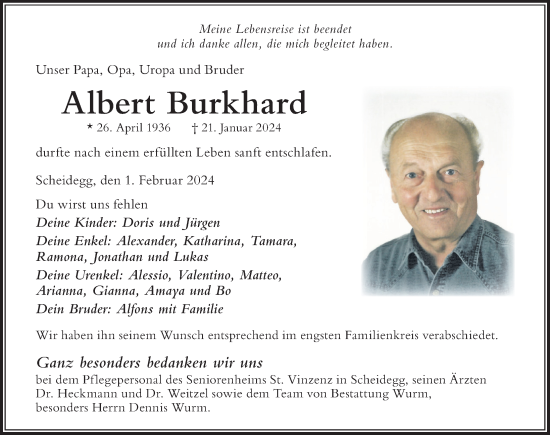 Traueranzeige von Albert Burkhard von Der Westallgäuer