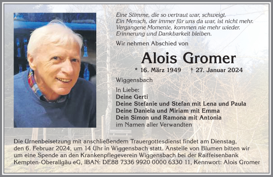 Traueranzeige von Alois Gromer von Allgäuer Zeitung,Kempten
