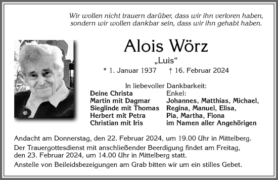 Traueranzeige von Alois Wörz von Allgäuer Zeitung,Kempten