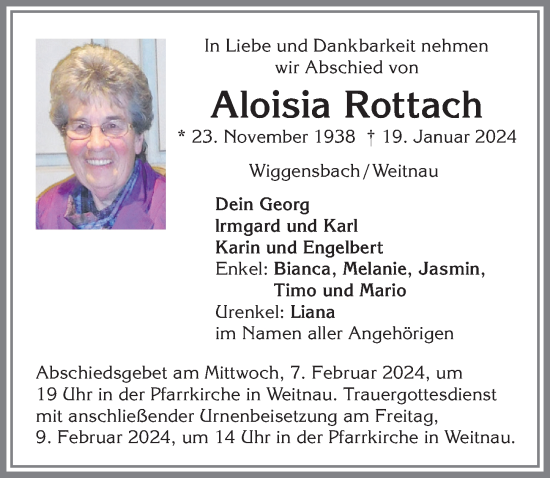 Traueranzeige von Aloisia Rottach von Allgäuer Zeitung,Kempten