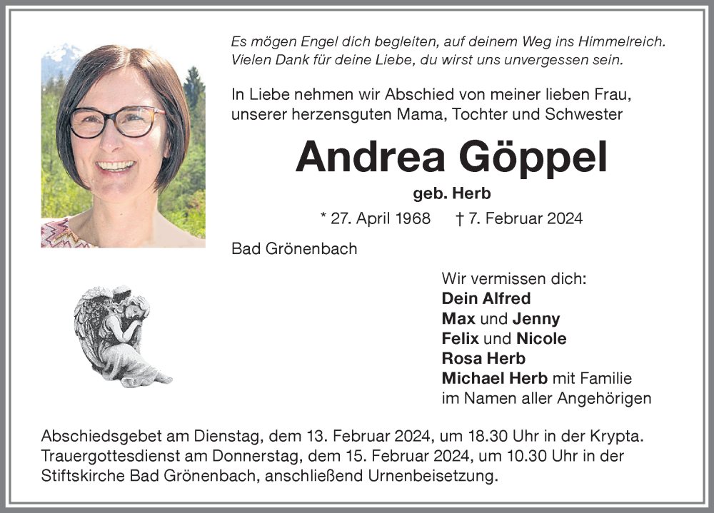  Traueranzeige für Andrea Göppel vom 10.02.2024 aus Memminger Zeitung