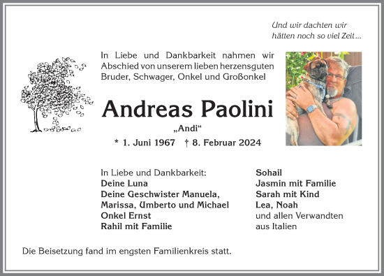 Traueranzeige von Andreas Paolini von Allgäuer Anzeigeblatt