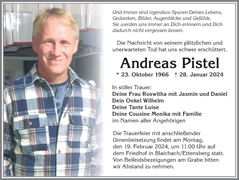  Traueranzeige für Andreas Pistel vom 10.02.2024 aus Allgäuer Anzeigeblatt