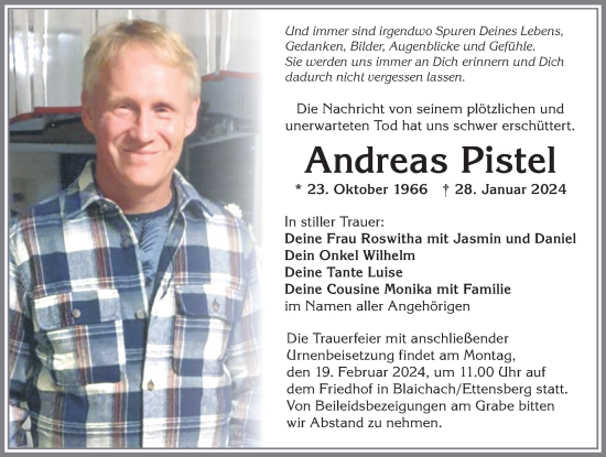 Traueranzeige von Andreas Pistel von Allgäuer Anzeigeblatt