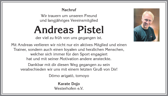 Traueranzeige von Andreas Pistel von Allgäuer Anzeigeblatt