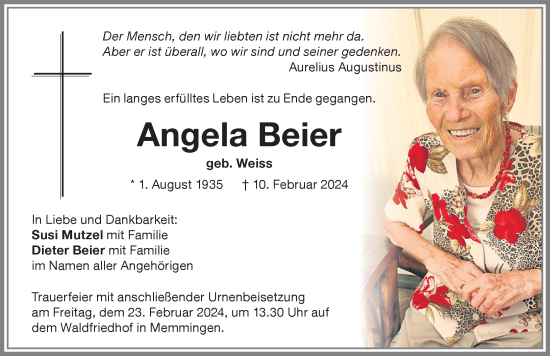 Traueranzeige von Angela Beier von Memminger Zeitung