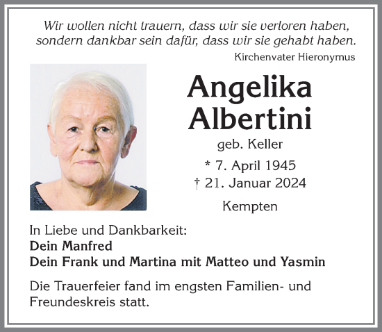 Traueranzeige von Angelika Albertini von Allgäuer Zeitung,Kempten
