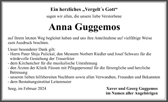 Traueranzeige von Anna Guggemos von Allgäuer Zeitung, Füssen
