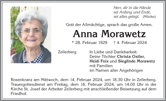 Traueranzeige von Anna Morawetz von Allgäuer Zeitung, Kaufbeuren/Buchloe