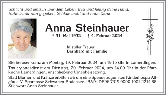 Traueranzeige von Anna Steinhauer von Allgäuer Zeitung, Kaufbeuren/Buchloe