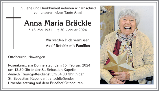 Traueranzeige von Anna Maria Bräckle von Memminger Zeitung