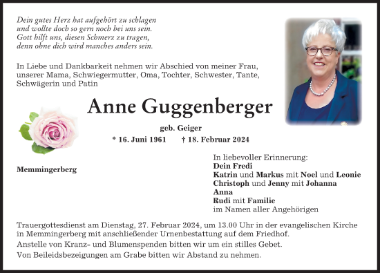 Traueranzeige von Anne Guggenberger von Memminger Zeitung