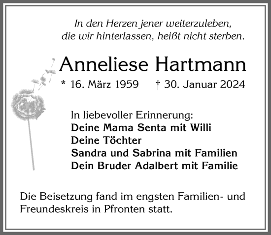 Traueranzeige von Anneliese Hartmann von Allgäuer Anzeigeblatt