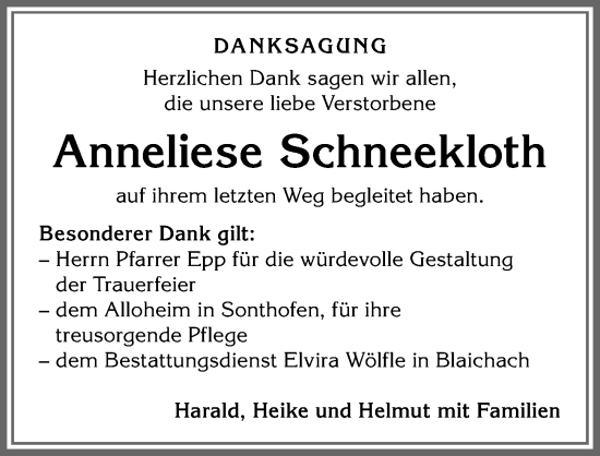 Traueranzeige von Anneliese Schneekloth von Allgäuer Anzeigeblatt