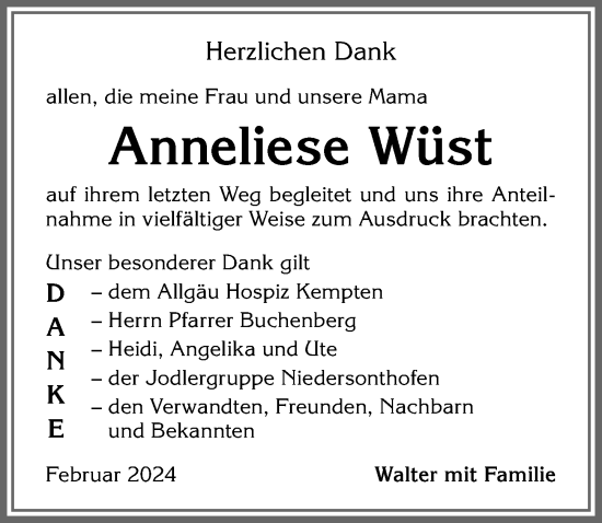Traueranzeige von Anneliese Wüst von Allgäuer Zeitung,Kempten