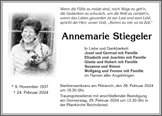 Traueranzeige von Annemarie Stiegeler von Allgäuer Zeitung,Kempten