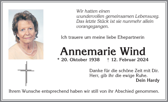 Traueranzeige von Annemarie Wind von Allgäuer Zeitung, Kaufbeuren/Buchloe