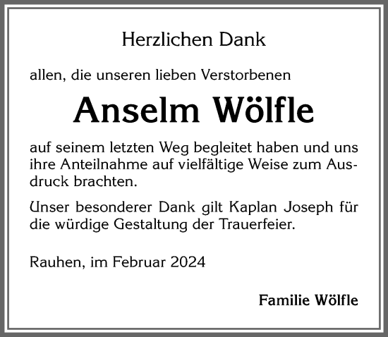 Traueranzeige von Anselm Wölfle von Allgäuer Zeitung,Kempten