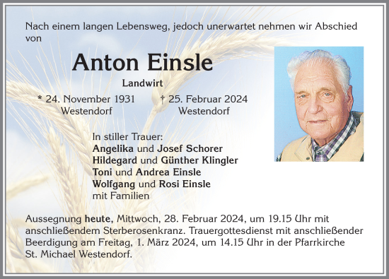 Traueranzeige von Anton Einsle von Allgäuer Zeitung, Kaufbeuren/Buchloe