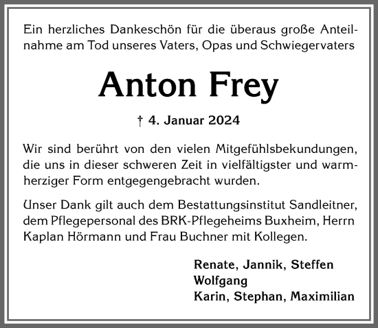 Traueranzeige von Anton Frey von Memminger Zeitung