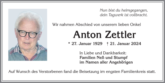 Traueranzeige von Anton Zettler von Allgäuer Zeitung,Kempten