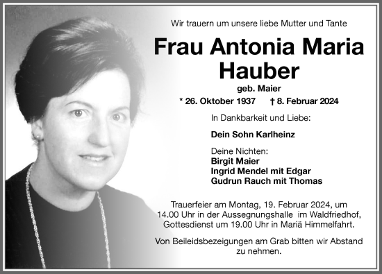Traueranzeige von Antonia Maria Hauber von Memminger Zeitung
