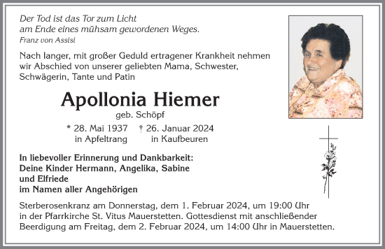 Traueranzeige von Apollonia Hiemer von Allgäuer Zeitung, Kaufbeuren/Buchloe